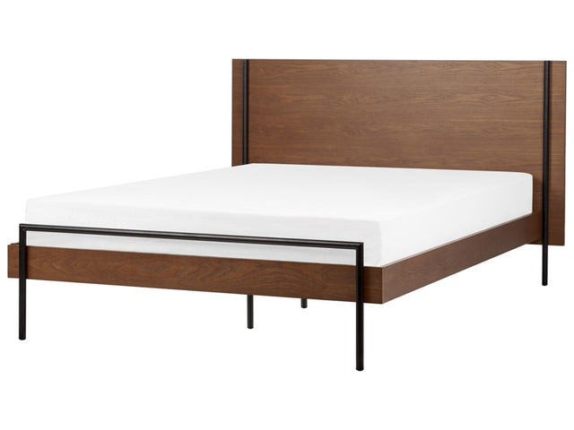 EU Double Size Bed Dark Wood MDF 4ft6 Frame with Headrest and Slatted Base Metal Black Legs Beliani