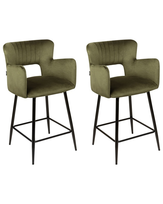 Set of 2 Chairs Bar Chair Olive Green Velvet with Armrests Cut-Out Backrest Black Metal Legs Beliani