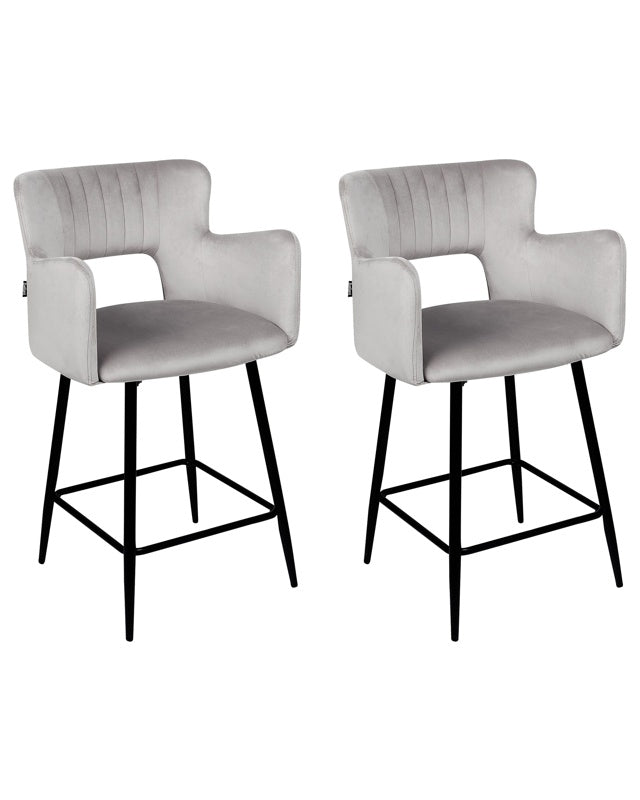 Set of 2 Chairs Bar Chair Grey Velvet with Armrests Cut-Out Backrest Black Metal Legs Beliani