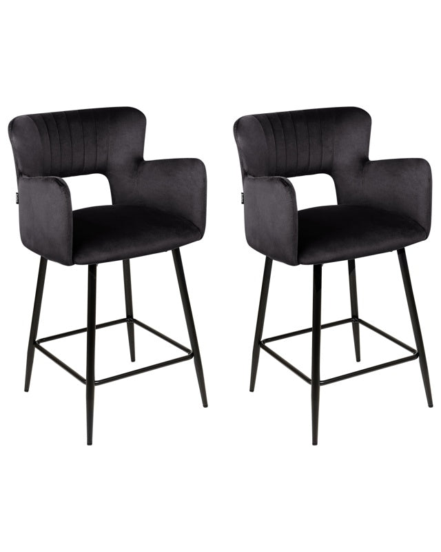 Set of 2 Chairs Bar Chair Black Velvet with Armrests Cut-Out Backrest Black Metal Legs Beliani