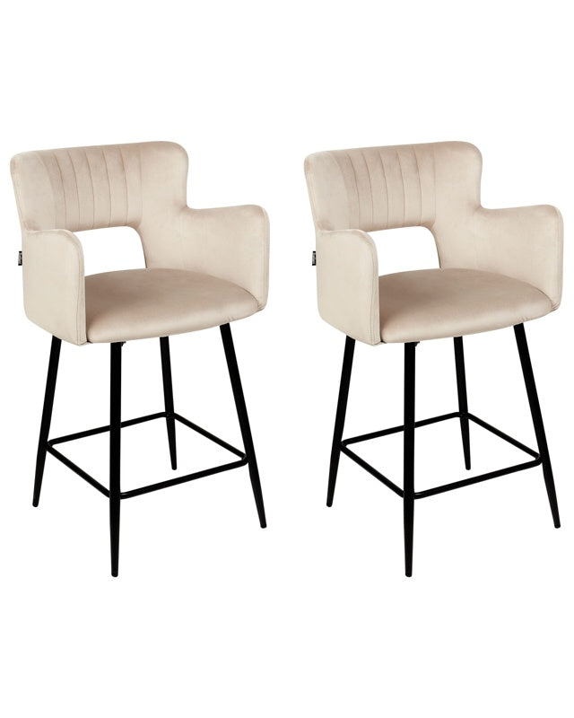 Set of 2 Chairs Bar Chair Taupe Velvet with Armrests Cut-Out Backrest Black Metal Legs Beliani