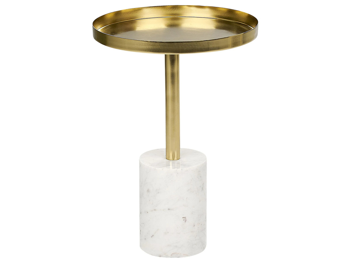 Side Table White and Gold Metal Stone  36 cm Base Round Geometric Shape Modern End Table Beliani