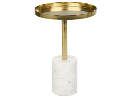 Side Table White and Gold Metal Stone  36 cm Base Round Geometric Shape Modern End Table Beliani