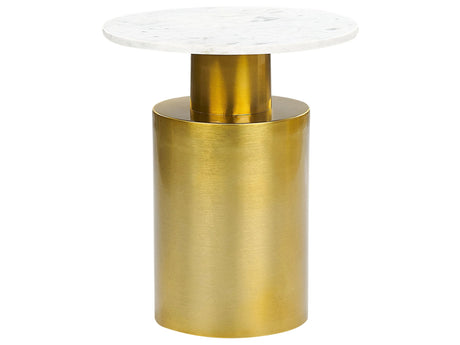 Side Table White and Gold Metal Stone  40 cm Base Round Geometric Shape Modern End Table Beliani