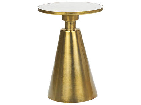 Side Table White and Gold Metal   35 cm Stone Base Round Geometric Shape Modern End Table Beliani
