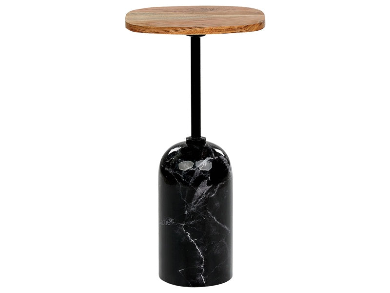 Side Table Light Wood and Black Metal Base Acacia Wood 30 x 30 cm Top Round Marble Effect Geometric Shape Modern End Table Beliani