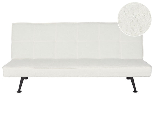 Boucle Fabric Sofa Bed White 3-Seater Quilted Upholstery Click-Clack Guest Bed Armless Beliani