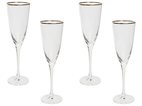 Set of 4 Champagne Flutes Transparent Hand-Blown 25 cl 9 oz 4 Pcs Set Gold-Rimmed Beliani