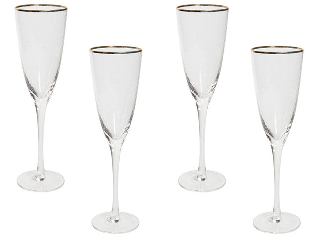 Set of 4 Champagne Flutes Transparent Hand-Blown 25 cl 9 oz 4 Pcs Set Gold-Rimmed Beliani