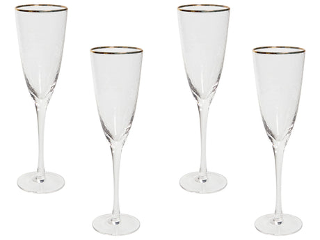 Set of 4 Champagne Flutes Transparent Hand-Blown 25 cl 9 oz 4 Pcs Set Gold-Rimmed Beliani