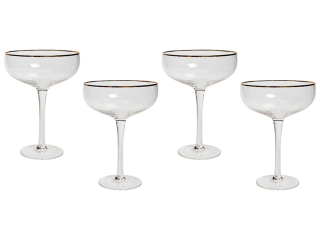 Set of 4 Champagne Saucers Glasses Transparent Hand-Blown 45 cl 16 oz 4 Pcs Set Gold-Rimmed Coupes Glass Beliani