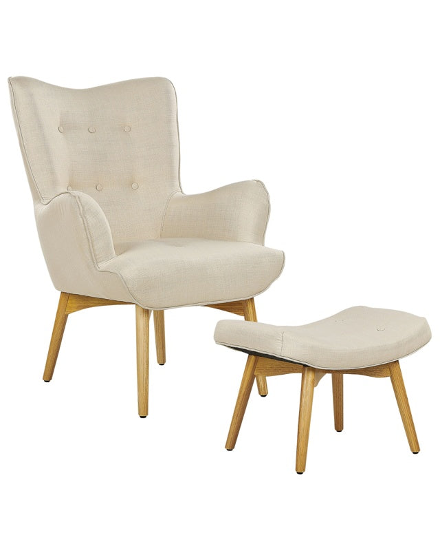 Wingback Chair with Ottoman Light Beige Fabric Buttoned Solid Pattern Retro Style Beliani