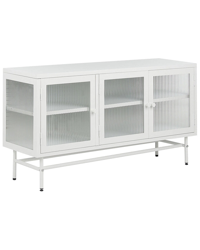 3 Door Sideboard White Steel Fluted Tempered Glass Adjustable Shelves Leg Caps Living Room Furniture Modern Industrial Design Beliani