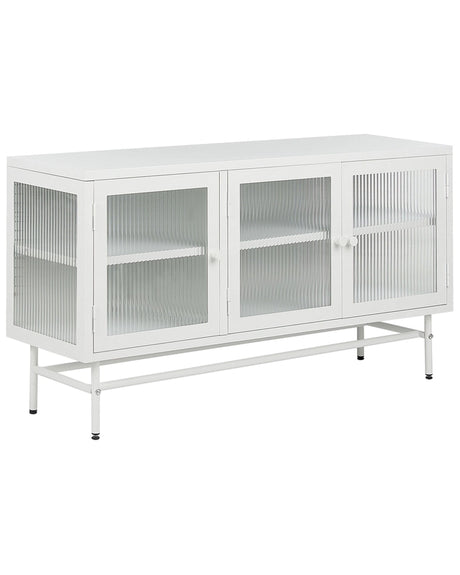 3 Door Sideboard White Steel Fluted Tempered Glass Adjustable Shelves Leg Caps Living Room Furniture Modern Industrial Design Beliani