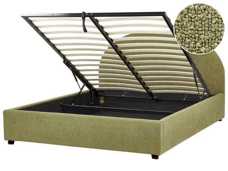 Storage Bed Olive Green Boucle EU King Size 5ft3 Minimalist Retro Design Ottoman Storage Beliani