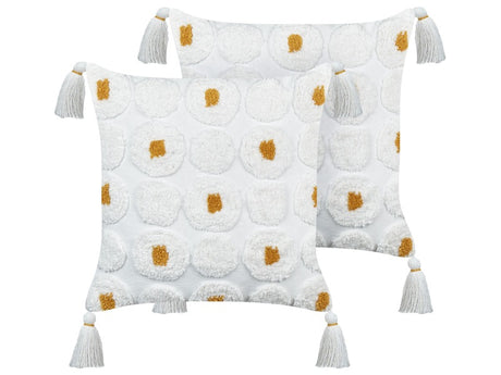 2 Decorative Cushions White Cotton 45 x 45 cm with Yellow Dots and Tassels Beliani