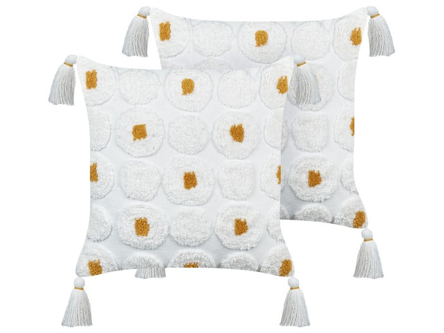 2 Decorative Cushions White Cotton 45 x 45 cm with Yellow Dots and Tassels Beliani