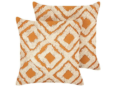 2 Decorative Cushions Orange and White Cotton 45 x 45 cm with Geometric Pattern Beliani