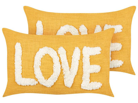 2 Decorative Cushions Yellow Cotton 30 x 50 cm with a White Text Beliani