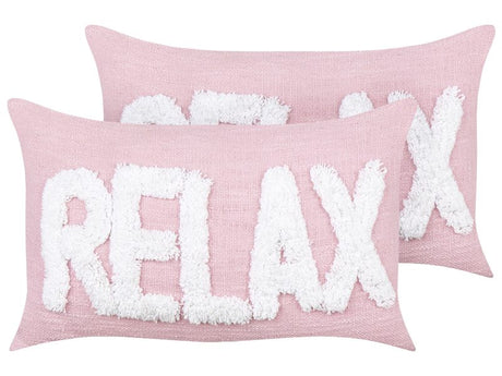 2 Decorative Cushions Pastel Pink Cotton 30 x 50 cm with a White Text Beliani