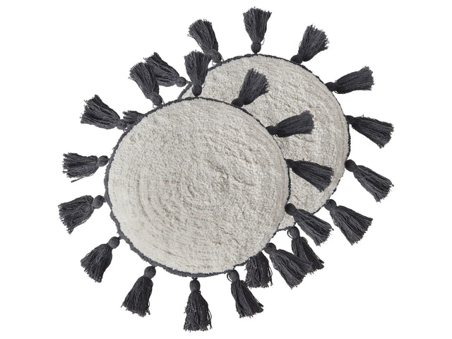 2 Decorative Cushions Off-White Cotton  40 cm with Dark Grey Tassels Beliani