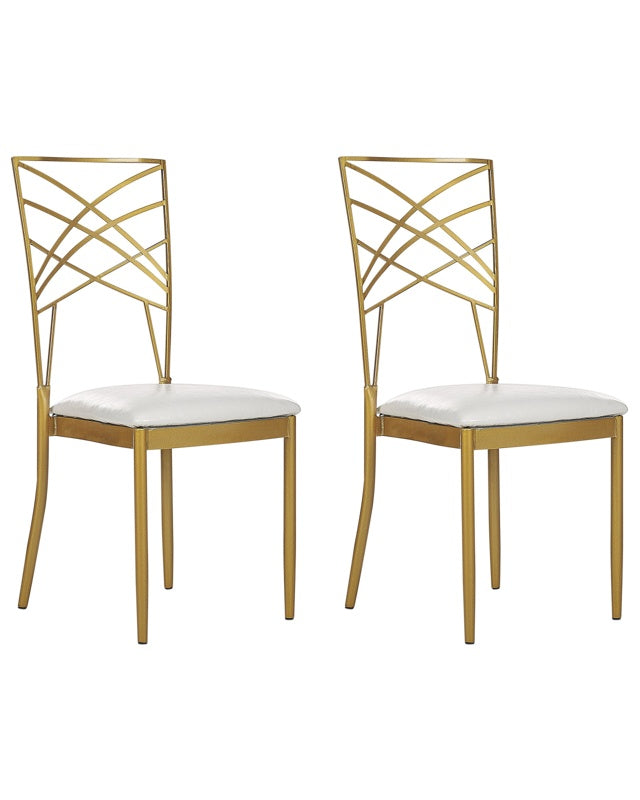 Set of 2 Dining Chairs Gold Metal Faux Leather White Seat Pad Accent Industrial Glam Style Beliani