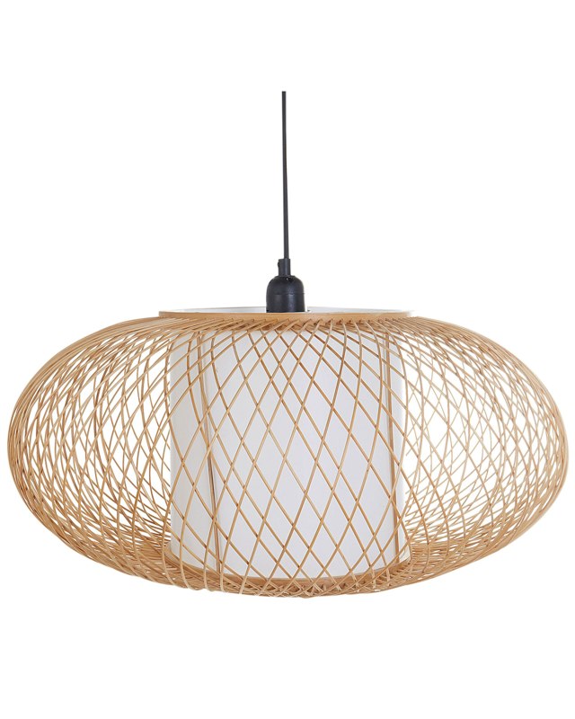 Pendant Lamp Natural Bamboo Shade Black Iron Base Boho Lightning Hanging Light Living Room Bedroom Hallway Beliani