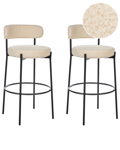 Set of 2 Bar Stools Light Beige Armless Leg Caps Boucle Black Steel Legs Modern Design Dining Room Seating Beliani