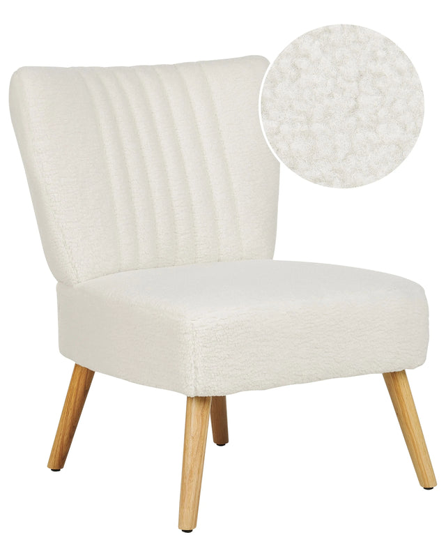 Armchair White Boucle Armless Accent Chair Vertical Tufting Wooden Legs Beliani