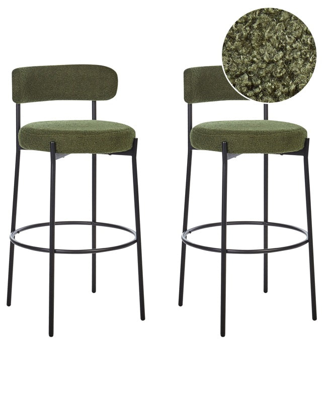 Set of 2 Bar Stools Dark Green Armless Leg Caps Boucle Black Steel Legs Modern Design Dining Room Seating Beliani