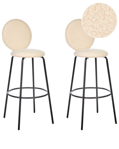 Set of 2 Bar Stools Light Beige Armless Leg Caps Boucle Black Steel Legs Modern Design Dining Room Seating Beliani