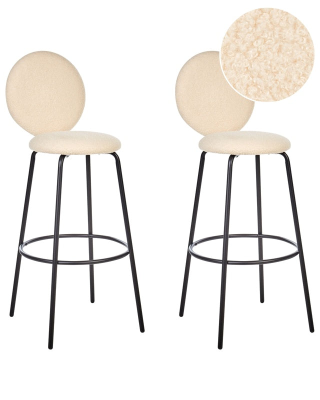 Set of 2 Bar Stools Light Beige Armless Leg Caps Boucle Black Steel Legs Modern Design Dining Room Seating Beliani