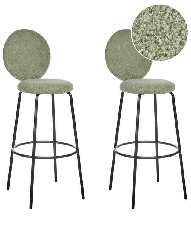 Set of 2 Bar Stools Light Green Armless Leg Caps Boucle Black Steel Legs Modern Design Dining Room Seating Beliani