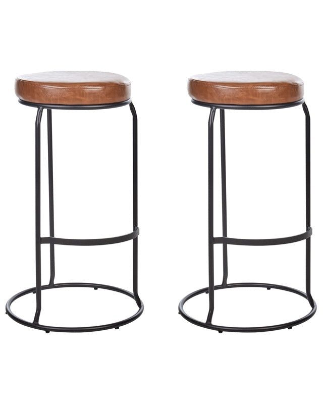 Set of 2 Bar Stools Brown Armless Leg Caps Faux Leather Black Steel Leg Modern Design Dining Room Seating Beliani