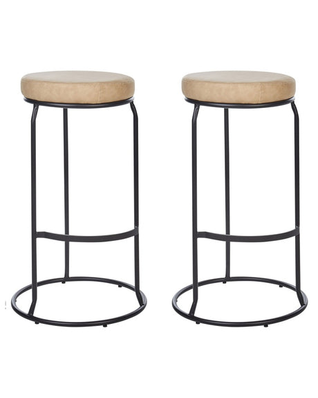 Set of 2 Bar Stools Beige Armless Leg Caps Faux Leather Black Steel Leg Modern Design Dining Room Seating Beliani