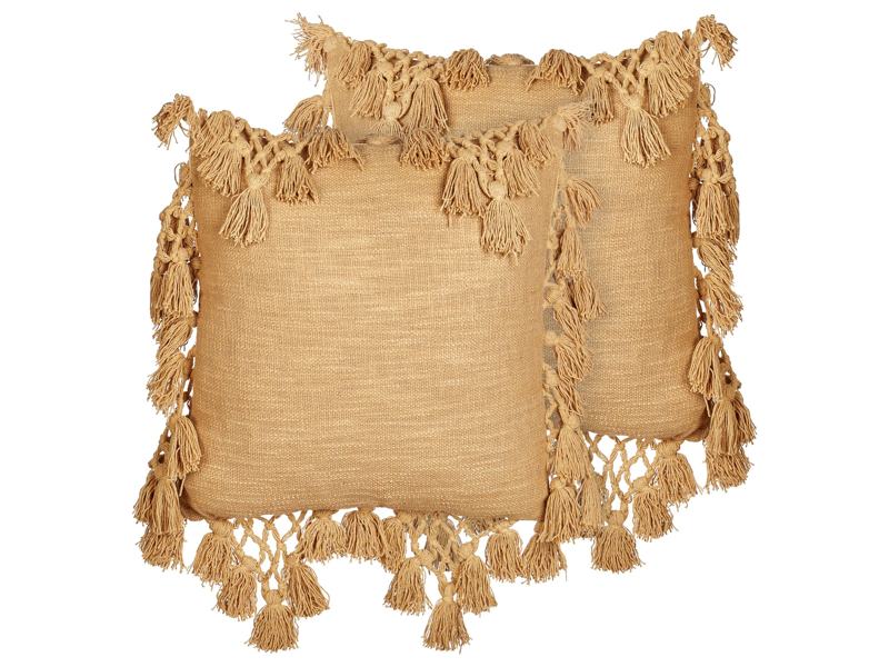 Set of 2 Scatter Cushions Sand Beige Cotton Fabric 45 x 45 cm with Tassels Knitted Home Decor Accessories Beliani