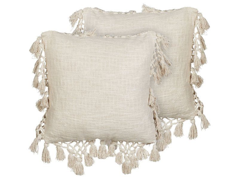 Set of 2 Scatter Cushions Beige Cotton Fabric 45 x 45 cm with Tassels Knitted Home Decor Accessories Beliani