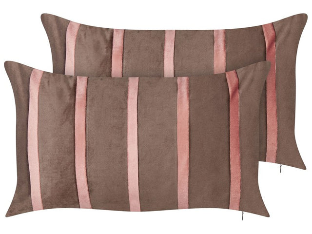 Set of 2 Scatter Cushions Brown and Pink Velvet Fabric 35 x 60 cm Striped Pattern Handmade Home Decor Accessories Beliani