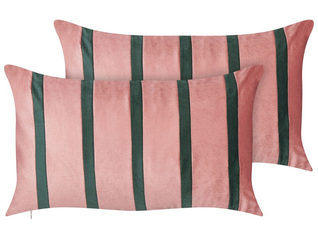 Set of 2 Scatter Cushions Pink and Green Velvet Fabric 35 x 60 cm Striped Pattern Handmade Home Decor Accessories Beliani