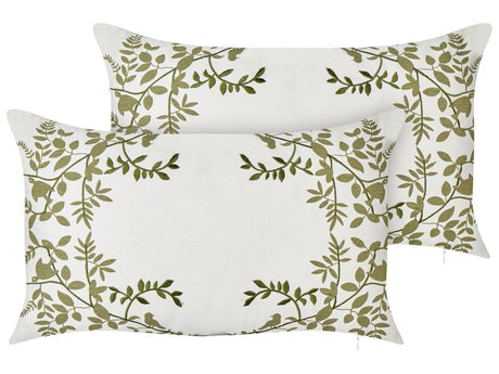 Set of 2 Scatter Cushions White and Green Cotton Fabric 30 x 50 cm Floral Pattern Handmade Home Decor Accessories Beliani