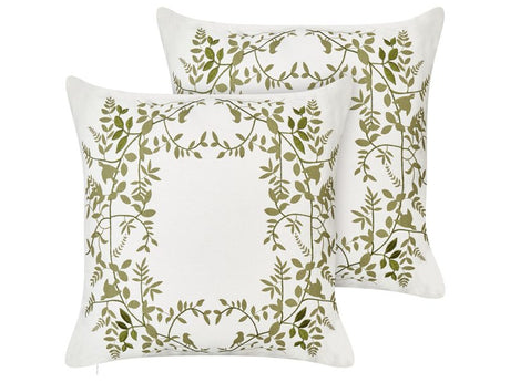 Set of 2 Scatter Cushions White and Green Cotton Fabric 45 x 45 cm Floral Pattern Handmade Home Decor Accessories Beliani