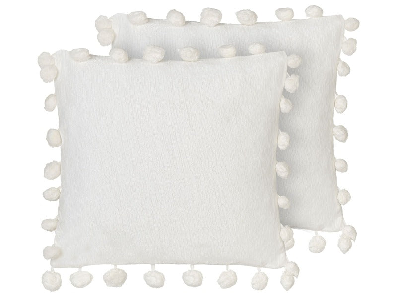 Set of 2 Scatter Cushions White Polyester Fabric Solid Pattern Handmade Tassels Pompoms 45 x 45 cm Home Decor Accessories Beliani