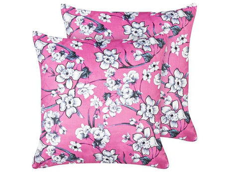 Set of Decorative Cushions Pink Velvet 45 x 45 cm Floral Motif Removable Covers Square Modern Decor Accessories Beliani