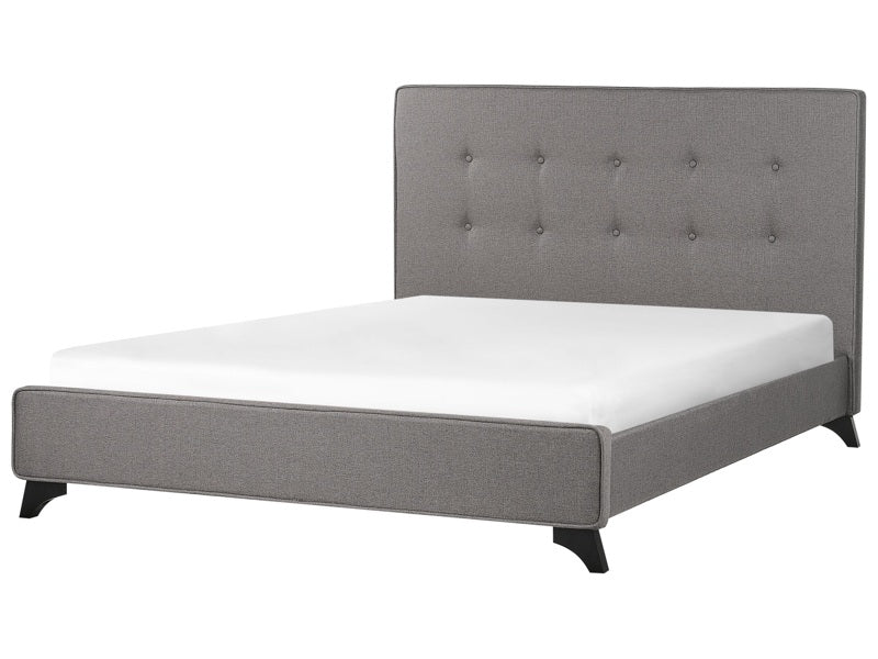 Bed Frame Grey Upholstery 140 x 200 cm EU Double Size 4ft6 Tufted Headboard Rubberwood Legs Slatted Frame Modern Design Beliani