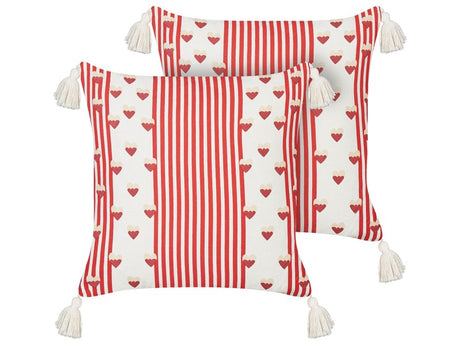 Set of 2 Decorative Cushions White and Red Cotton 45 x 45 cm Hearts Motif Removable Covers Square Modern Decor Accessories Beliani