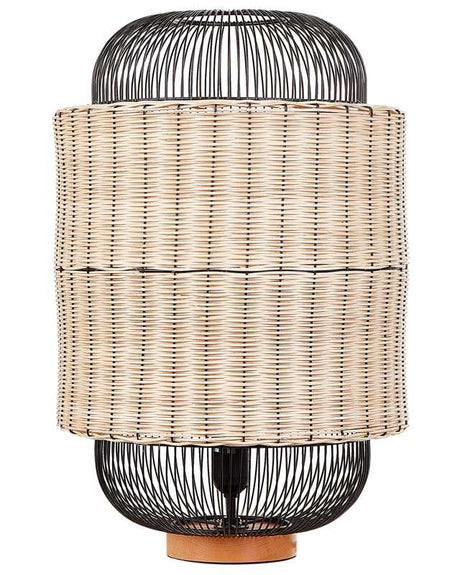 Table Lamp Natural and Black Natural Rattan Metal Cage Shade Base Bedside Living Room Bedroom Lighting Beliani