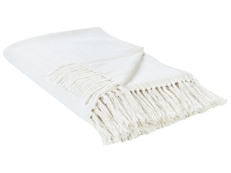 Blanket White Cotton 200 x 220 cm Bed Throw Chevron Pattern Fringes Bedroom Living Room Beliani