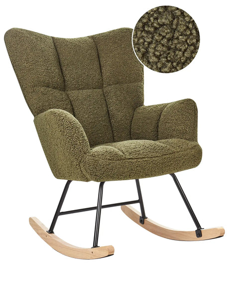 Rocking Chair Dark Green Boucle Fabric Upholstery Wooden Legs Skates Modern Biscuit Tufting Beliani