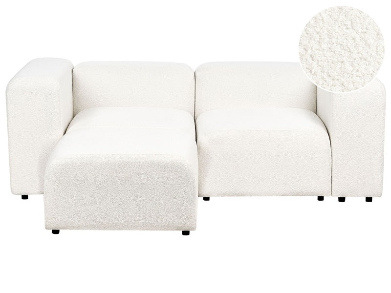 2 Seater Modular Sofa with Ottoman White Boucle Sectional Couch Sofa with Black Legs Modern Living Room Beliani