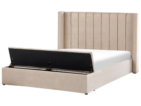 EU King Size Waterbed Beige Velvet 5ft5 with Mattress High Headrest with Storage Bench Beliani